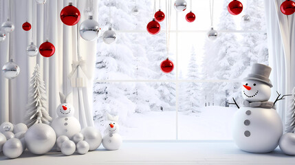 Christmas. A snowman stands near the window. Apartment interior. Decor. Generated AI. Photoshop improved