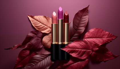 Stylish photo of lipstick on a background of leaves and flowers 