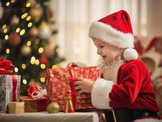 A child was happy to receive presents at Christmas