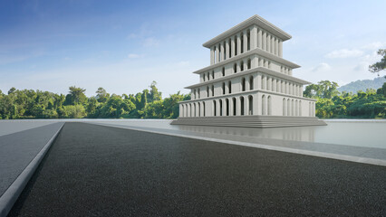 Empty concrete floor and gray asphalt road. 3d rendering of building with clear sky background.