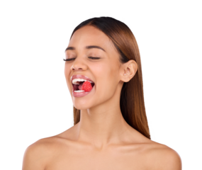 Isolated woman, skincare and health for raspberry in mouth, diet or wellness by transparent png background. Girl, model and eyes closed for eating sustainable fruit for nutrition, results or benefits