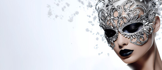 Girl wearing a mask on a white isolated background. Black and white photo. Banner. Fashion industry. Advertising. Copy space. AI generated. Edited in Photoshop.