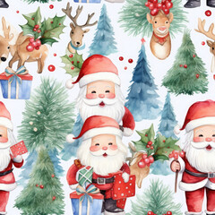 Christmas cartoon theme watercolor seamless pattern of santa claus Sinterklaas and reindeer