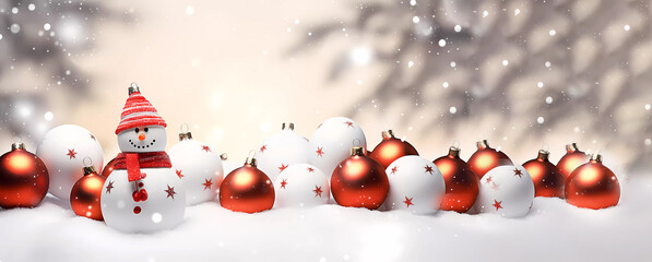 Christmas. A snowman stands against the background of Christmas balls. Red White. Apartment interior. Decor. Generated AI. Photoshop improved