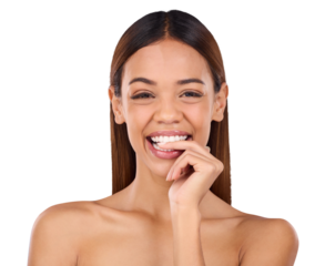 Portrait, biting finger and woman with beauty, dermatology and wellness isolated on transparent background. Face, person and model with skincare, treatment and cosmetics with png, health and shine