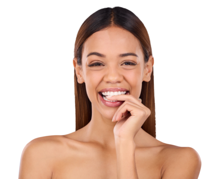 Portrait, biting finger and woman with beauty, dermatology and wellness isolated on transparent background. Face, person and model with skincare, treatment and cosmetics with png, health and shine - Powered by Adobe