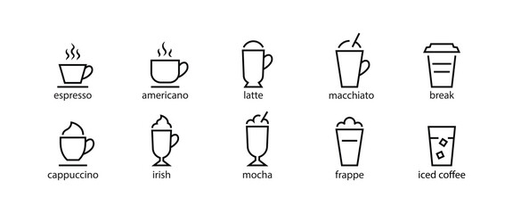 Types of coffee vector line icon set house restaurant shop menu. coffee drinks names cappuccino, espresso frappe latte mocha macchiato break iced irish americano Different types editable stroke - obrazy, fototapety, plakaty