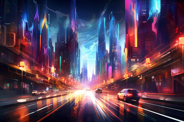 Futuristic city with light trails