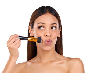 Beauty, makeup and brush with woman, cosmetics and grooming isolated on a transparent background....