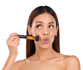 Beauty, makeup and brush with woman, cosmetics and grooming isolated on a transparent background. Person, girl and model with self care, thinking and foundation with blush and png with shine and glow