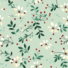 Christmas Watercolor seamless pattern with holly leaf and red berries
