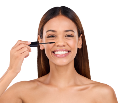 Portrait, smile and woman with mascara makeup, luxury and cosmetics isolated on transparent background. Face, person and model with self care, facial glow and product with png and eyelash extension