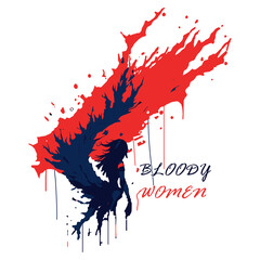Bloody Women paint splashes with blood in white background for t-shirt, poster and banner design, ittustration with red and blue color young girl design ai generated