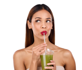 Isolated woman, green smoothie and wellness for thinking, drink or skincare by transparent png background. Girl, model and vision for nutrition, diet or detox with juice for health, beauty or benefit