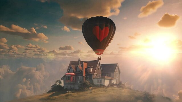 Balloons with house flies above the clouds. Concept