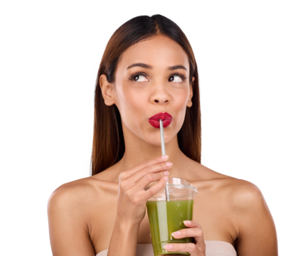 Isolated woman, green smoothie and wellness for thinking, drink or skincare by transparent png background. Girl, model and vision for nutrition, diet or detox with juice for health, beauty or benefit - Powered by Adobe