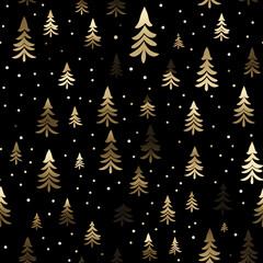 Obraz premium Winter Christmas tree with snowflakes and stars at night seamless pattern on black background