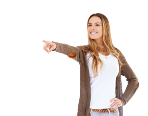 Smile, happy woman or pointing at direction offer, discount information or show sales announcement. Opportunity coming soon, advertisement presentation or girl isolated on transparent, png background