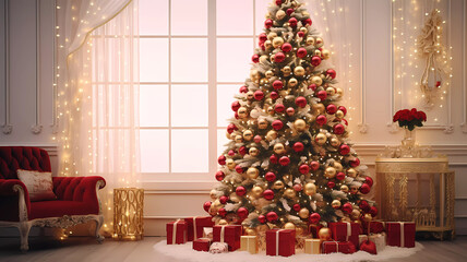 Beautiful Christmas tree and gifts under the tree. Luxurious interior. Christmas presents. Banner. Generated AI. Photoshop improved