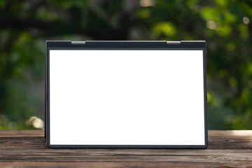 Blank screen laptop computer on background picturesque nature, outdoor office. Travel concept. Business ideas. Choice of travel. Copy space. Online store. technology digital cyberspace. web network.