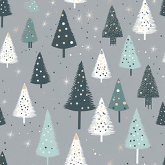Naklejka premium Cute Winter Christmas tree with snowflakes and stars on gray silver tone background seamless pattern