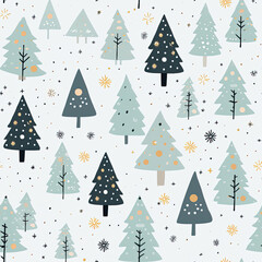 Cute Winter Christmas tree with snowflakes and stars on gray silver tone background seamless pattern