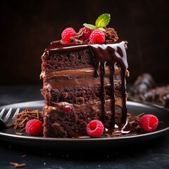 Chocolatier's Fantasy: A Sumptuous Slice of Chocolate Sponge Cake, Enrobed in Rich Chocolate Mousse Frosting