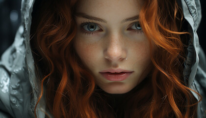 Fototapeta premium One beautiful woman, wet hair, looking at camera outdoors generated by AI