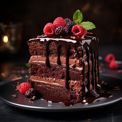 Epicurean Treat: A Perfectly Baked Slice of Dark Chocolate Cake, Complemented by a Raspberry Coulis Drizzle