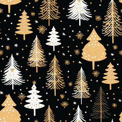 golden christmas trees with snow and stars seamless pattern on dark background created with Generative AI Technology