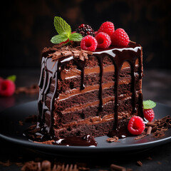 Decadent Indulgence: A Rich Slice of Chocolate Cake with Silky Ganache and a Swirl of Velvety Chocolate Frosting
