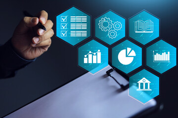 Account auditing concept with hand tick checkmark to document management on clipboard and white paper