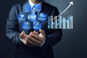 ERP enterprise resource planning concept with businessman and market strategy plan increase arrow...