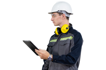 Portrait of male engineer wear uniform and helmet standing and working digital tablet on white background