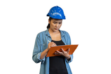 Portrait of female worker wearing safety uniform, helmet standing and working with clipboard on white background