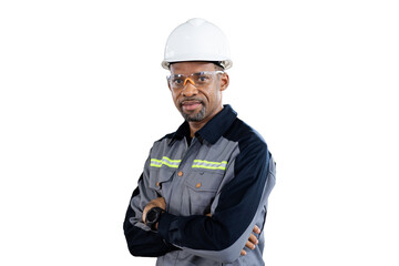 Portrait of male engineer wear uniform and helmet standing witch crossed arms on white background