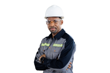 Portrait of male engineer wear uniform and helmet standing witch crossed arms on white background