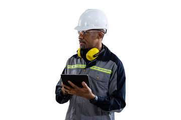 Portrait of male engineer wear uniform and helmet standing and working digital tablet on white...