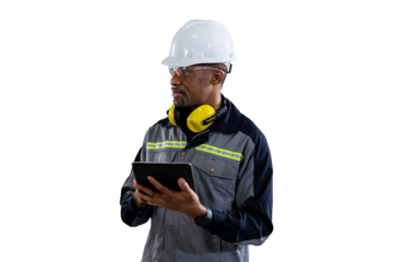 Portrait of male engineer wear uniform and helmet standing and working digital tablet on white background