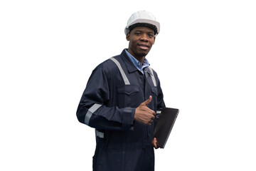 Portrait of male engineer wear uniform and helmet standing and working digital tablet on white background