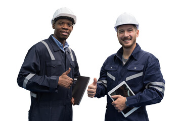 Group of male engineer wear uniform and helmet standing and working digital tablet on white background