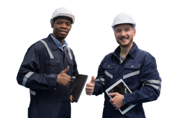 Group of male engineer wear uniform and helmet standing and working digital tablet on white background