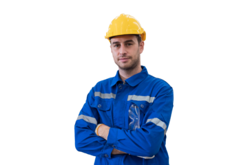 Portrait of male engineer wear uniform and helmet standing witch crossed arms on white background