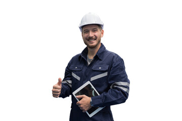Portrait of male engineer wear uniform and helmet standing and working digital tablet on white...