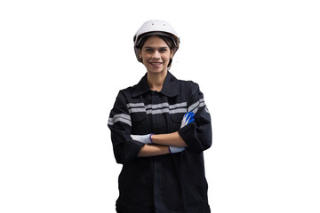 Portrait of female engineer worker wearing safety uniform, helmet, gloves standing with crossed arms on white background