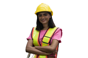 Portrait of female factory worker wearing safety uniform and helmet standing with crossed arms on white background