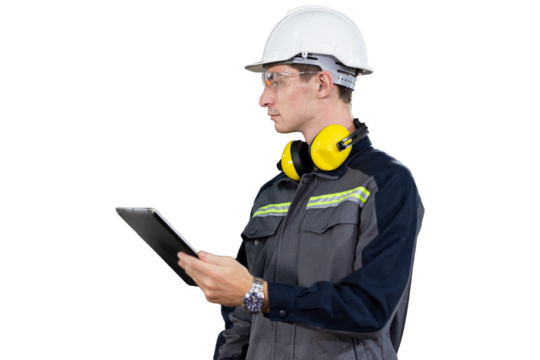 Portrait of male engineer wear uniform and helmet standing and working digital tablet on white background