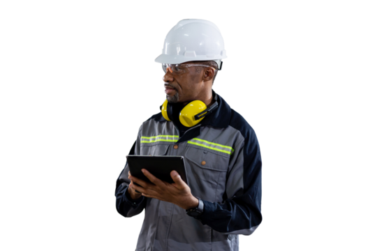 Portrait of male engineer wear uniform and helmet standing and working digital tablet on white background