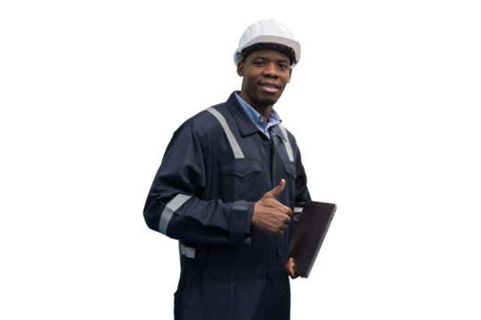 Portrait of male engineer wear uniform and helmet standing and working digital tablet on white background
