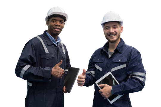 Group of male engineer wear uniform and helmet standing and working digital tablet on white background